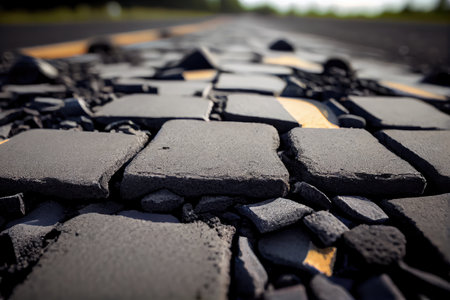 close-up of road surface repair, showing layers of new and old pavement materials, created with generative aiの素材