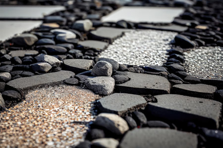 close-up of road surface repair, showing layers of new and old pavement materials, created with generative aiの素材