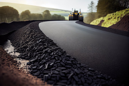 close-up of new asphalt being laid on road surface, created with generative aiの素材