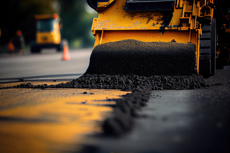 close-up of new asphalt being laid on road surface, created with generative aiの素材
