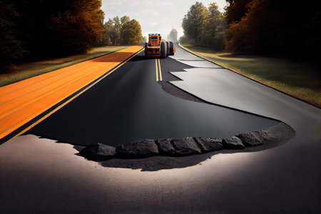 road surface being repaired with fresh blacktop, ready to be driven on, created with generative aiの素材