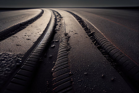close-up of tire tracks in freshly laid asphalt on a road, created with generative aiの素材