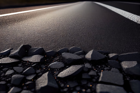 close-up of fresh asphalt road surface, ready for traffic, created with generative aiの素材