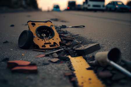 close-up of a broken and patched road, with tools and equipment nearby, created with generative aiの素材