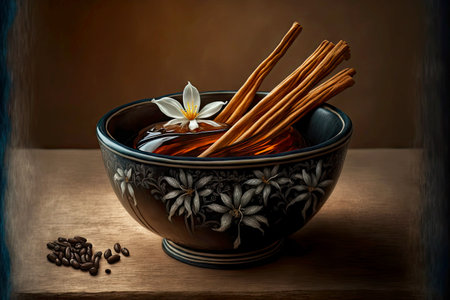 Dry vanilla beans in black bowl with white flowers and coffee beans, created with generative aiの素材