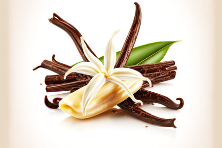 Dry vanilla beans with white flower, vanilla cream and green leaf, created with generative aiの素材