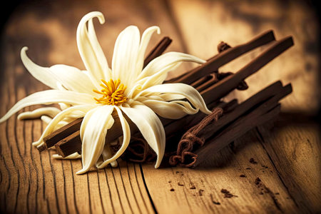 Dry vanilla beans with white flower on wooden table, created with generative aiの素材