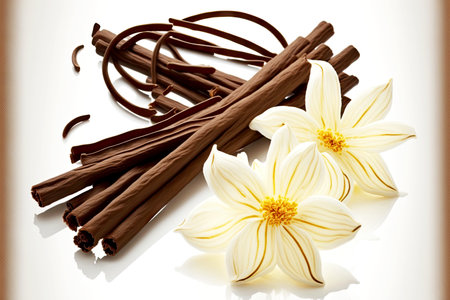 Bundle of dry vanilla beans with two orchid flowers, created with generative aiの素材