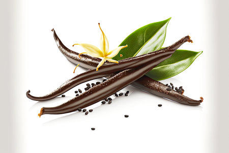 White flower, green leaves, dry vanilla beans, coffee beans, created with generative aiの素材