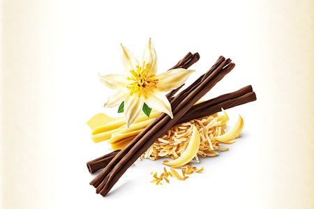 Dry vanilla beans with sweet white flower aroma, created with generative aiの素材