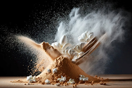 Dry vanilla beans with cocoa and small white flowers, created with generative aiの素材