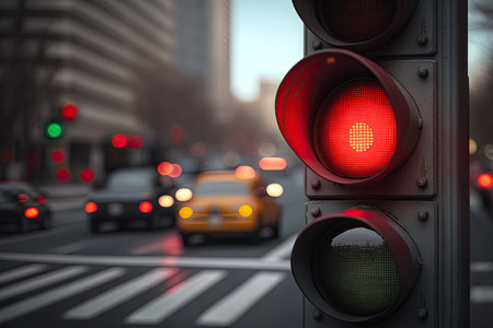close-up of red traffic light, with view of passing cars in the background, created with generative aiの素材