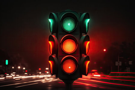 red traffic light at night, with headlights of cars in the background, created with generative aiの素材
