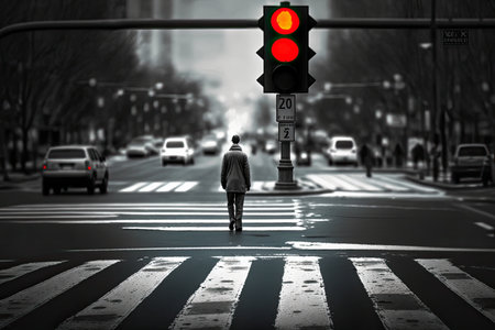 red traffic light in the middle of crosswalk, with person waiting to cross the street, created with generative aiの素材