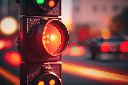 close-up of red traffic light, with the view in the background blurred and unclear, created with generative aiの素材