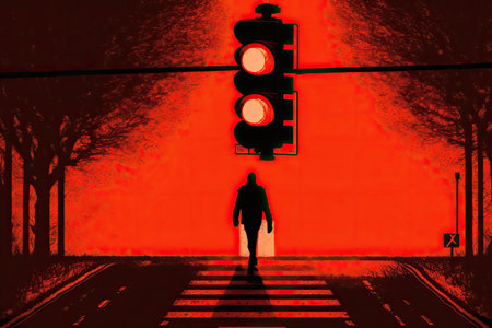 red traffic light, with silhouette of person walking or running across the crosswalk, created with generative aiの素材