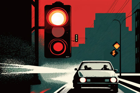 a red traffic light blinking, with a car approaching from the right, created with generative aiの素材