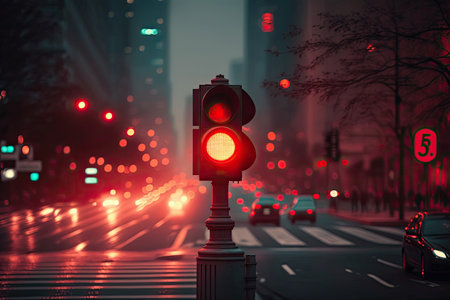 red traffic light, with view of busy city street, at night, created with generative aiの素材