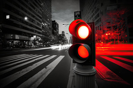 red traffic light, with view of busy city street, at night, created with generative aiの素材