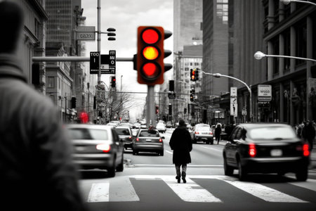 red traffic light, with view of busy city street, and people walking or driving past, created with generative aiの素材