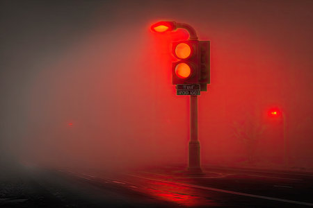 red light, surrounded by mist and fog, in the early morning, created with generative aiの素材