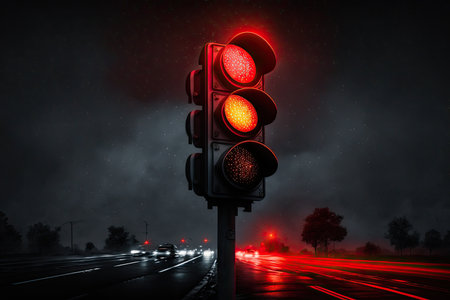 red traffic light against background of dark night sky, with stars shining, created with generative aiの素材