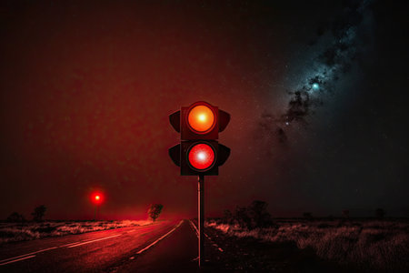 red traffic light against background of dark night sky, with stars shining, created with generative aiの素材