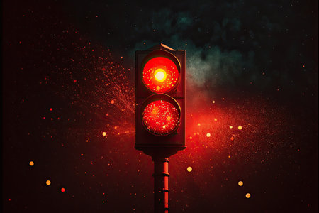 red traffic light against background of dark night sky, with stars shining, created with generative aiの素材