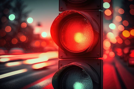 red traffic light with blurred background, creating motion and energy, created with generative aiの素材