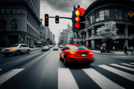 red traffic light in the middle of busy street, with cars and other vehicles speeding by, created with generative aiの素材