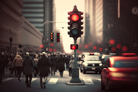 red traffic light towering over busy city street, with blur of cars and people in the background, created with generative aiの素材