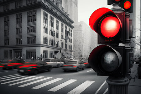 red traffic light in a city street, with rush hour traffic and cars approaching, created with generative aiの素材
