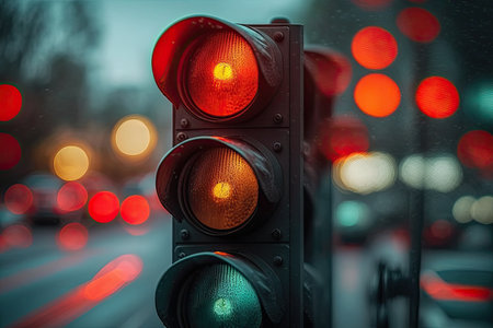 close-up of red traffic light, with blurred background of moving cars, created with generative aiの素材