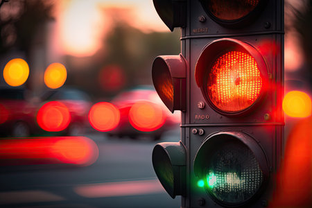 close-up of red traffic light, with blurred background of moving cars, created with generative aiの素材