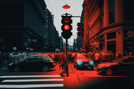 red traffic light in the middle of a busy street, surrounded by cars and people, created with generative aiの素材