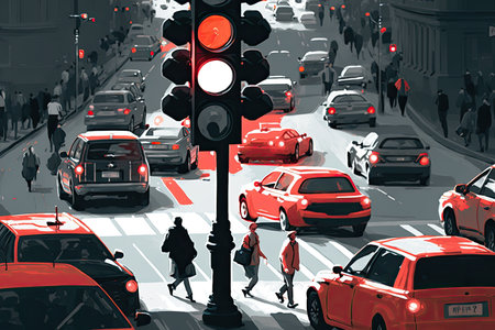 red traffic light in the middle of a busy street, surrounded by cars and people, created with generative aiの素材