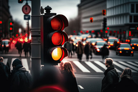 red traffic light at busy intersection, with the view of blurred cars and people rushing past, created with generative aiの素材