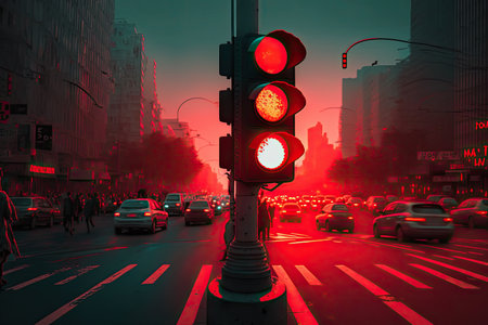 red traffic light, with view of busy city street, during the evening rush hour, created with generative aiの素材