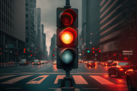 red traffic light, with view of busy city street, during the evening rush hour, created with generative aiの素材