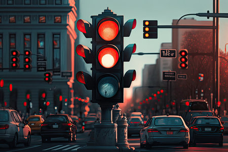 red traffic light in the middle of busy street intersection during rush hour, created with generative aiの素材