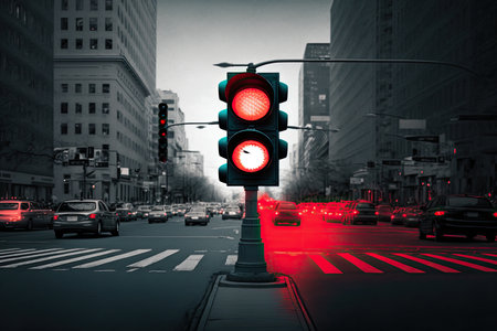 red traffic light in the middle of busy street intersection during rush hour, created with generative aiの素材