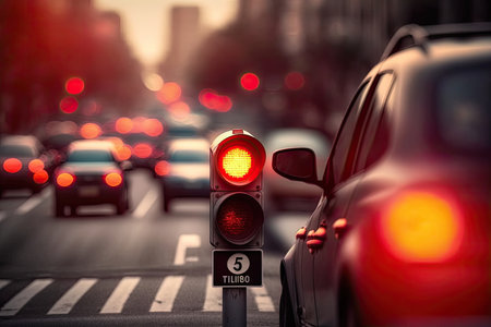 red traffic light and car, with blurred background of busy city street, created with generative aiの素材