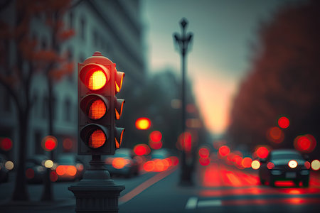 red traffic light on blurred city street scene, created with generative aiの素材