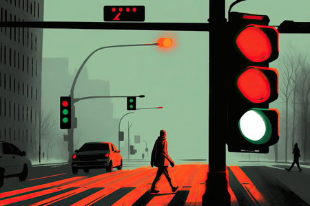 red traffic light, with person running across the street in rush hour, created with generative aiの素材