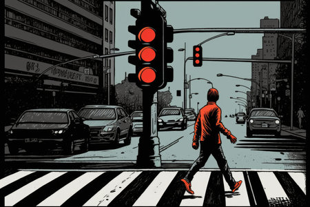 red traffic light, with person running across the street in rush hour, created with generative aiの素材