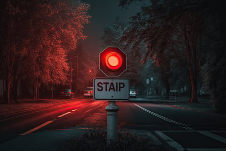 stop sign with red light shining at night, surrounded by darkness, created with generative aiの素材