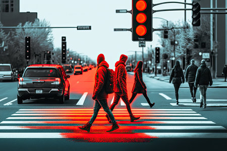 red traffic light in the middle of crosswalk, with people walking by on both sides, created with generative aiの素材