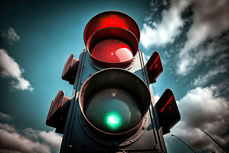 red traffic light, with glimpse of blue sky in the background, symbolizing stop and go, created with generative aiの素材