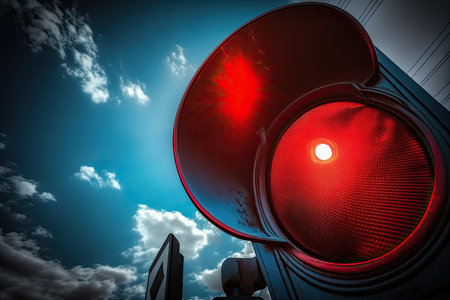 red traffic light, with glimpse of blue sky in the background, symbolizing stop and go, created with generative aiの素材