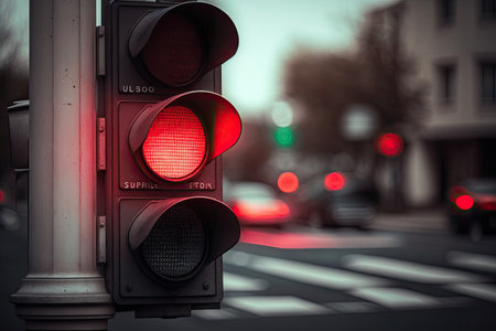 red traffic light, with close-up of stop sign in the background, created with generative aiの素材